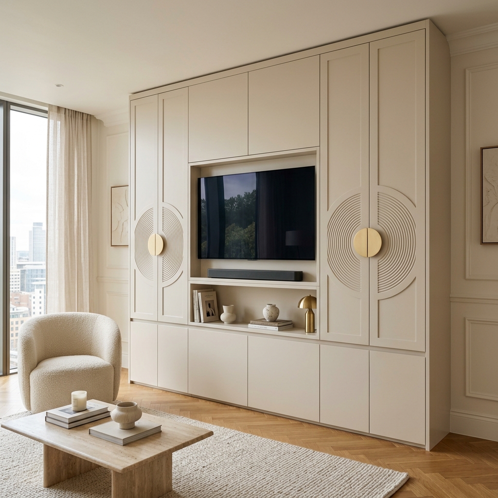 Встроенный шкаф для гостиной с нишей под ТВ и фрезеровкой