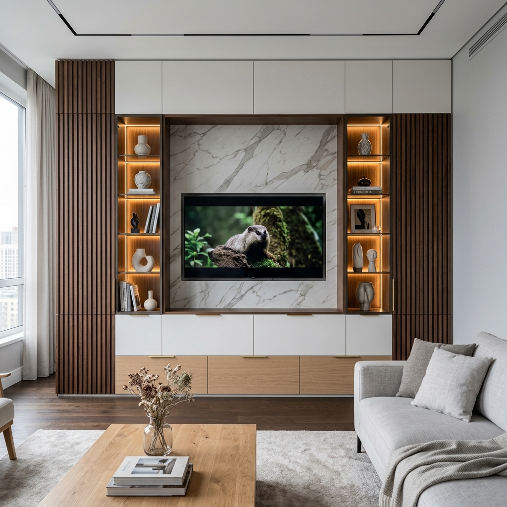 Стенка для гостиной с мраморными панелями и нишей под ТВ