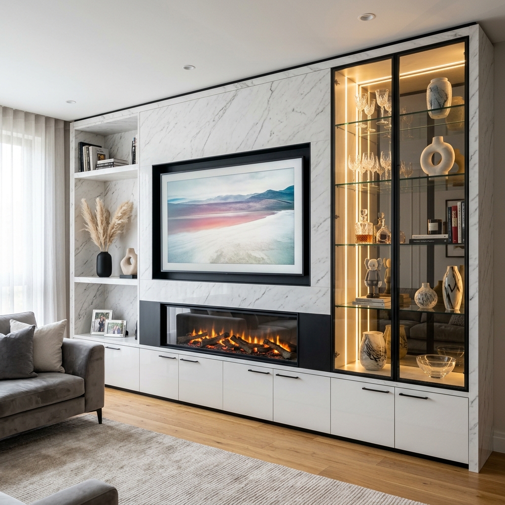 Современная стенка с биокамином и нишей под ТВ