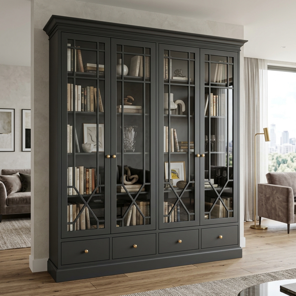 Премиальный тёмно-серый шкаф с витринами для гостиной