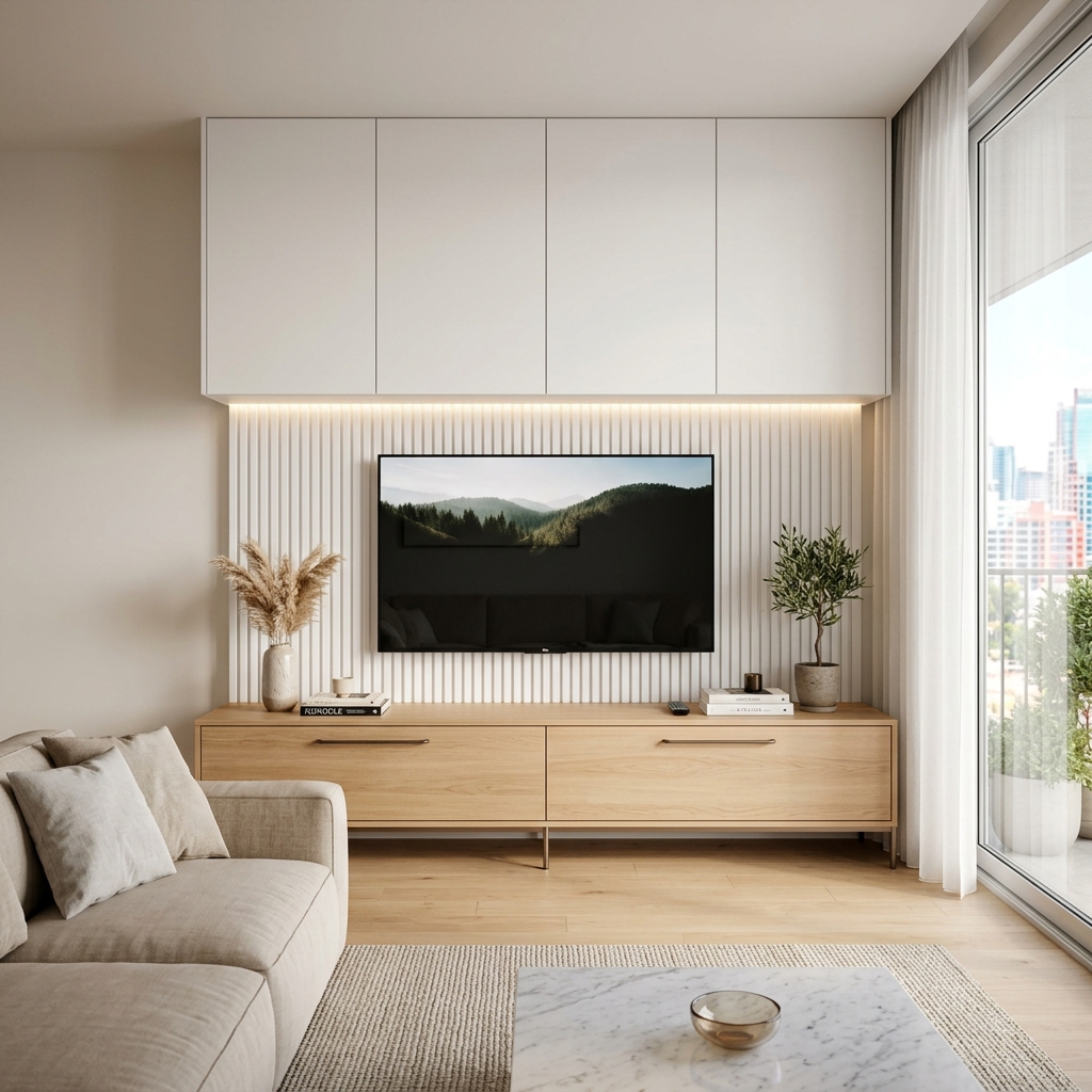 Современная стенка ТВ-зона с навесными шкафами