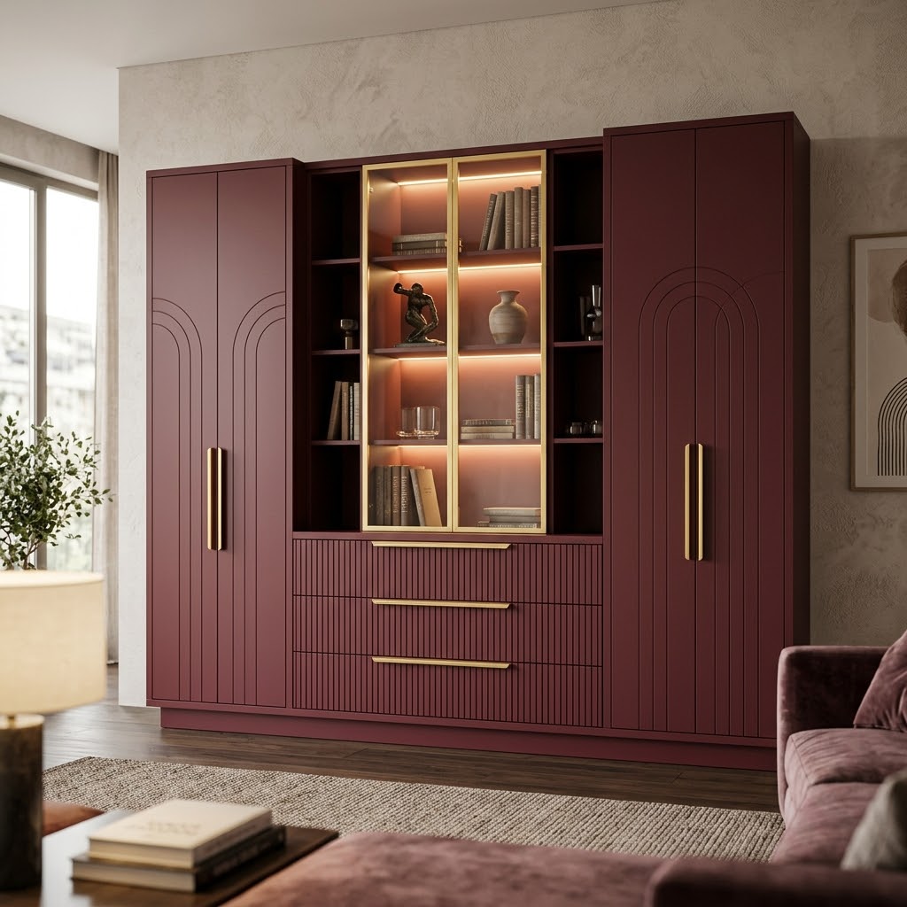 Современная стенка бордовая с витриной и подсветкой