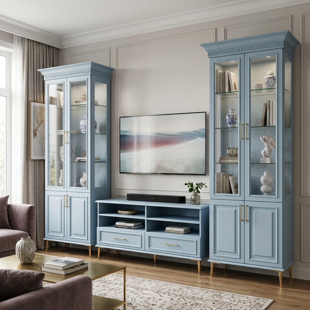 Гостиная стенка в светло-голубом цвете с витринами