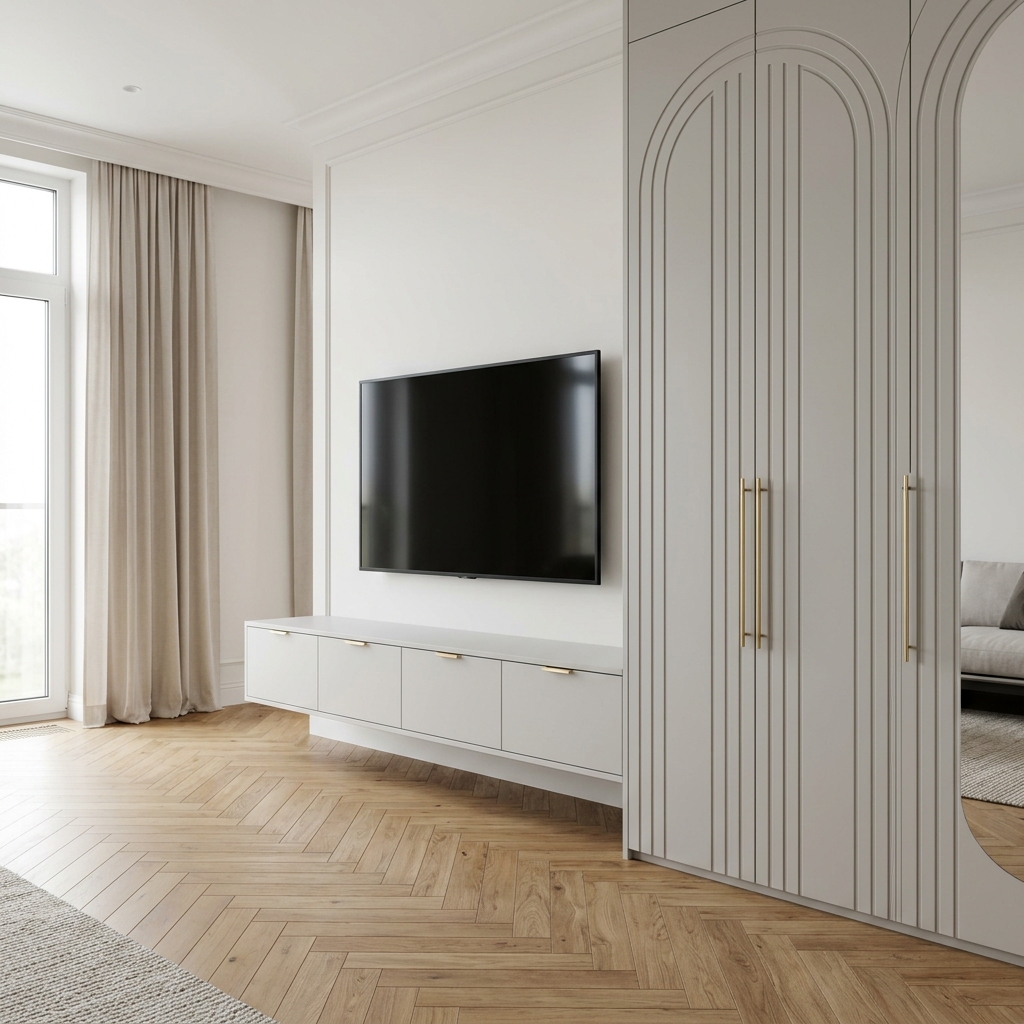 Современная стенка для гостиной с аркой и ТВ-зоной