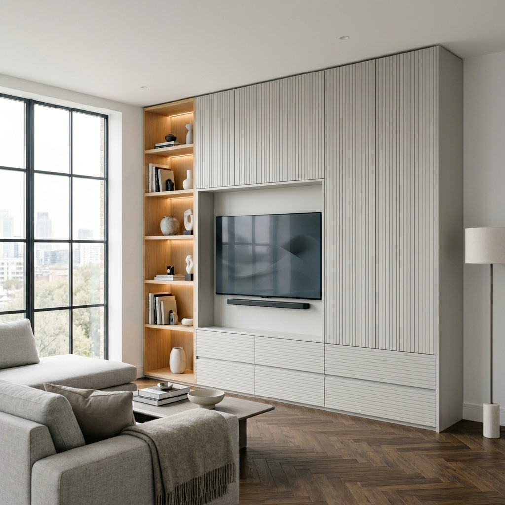 Современная стенка с серым фасадом и открытым стеллажом