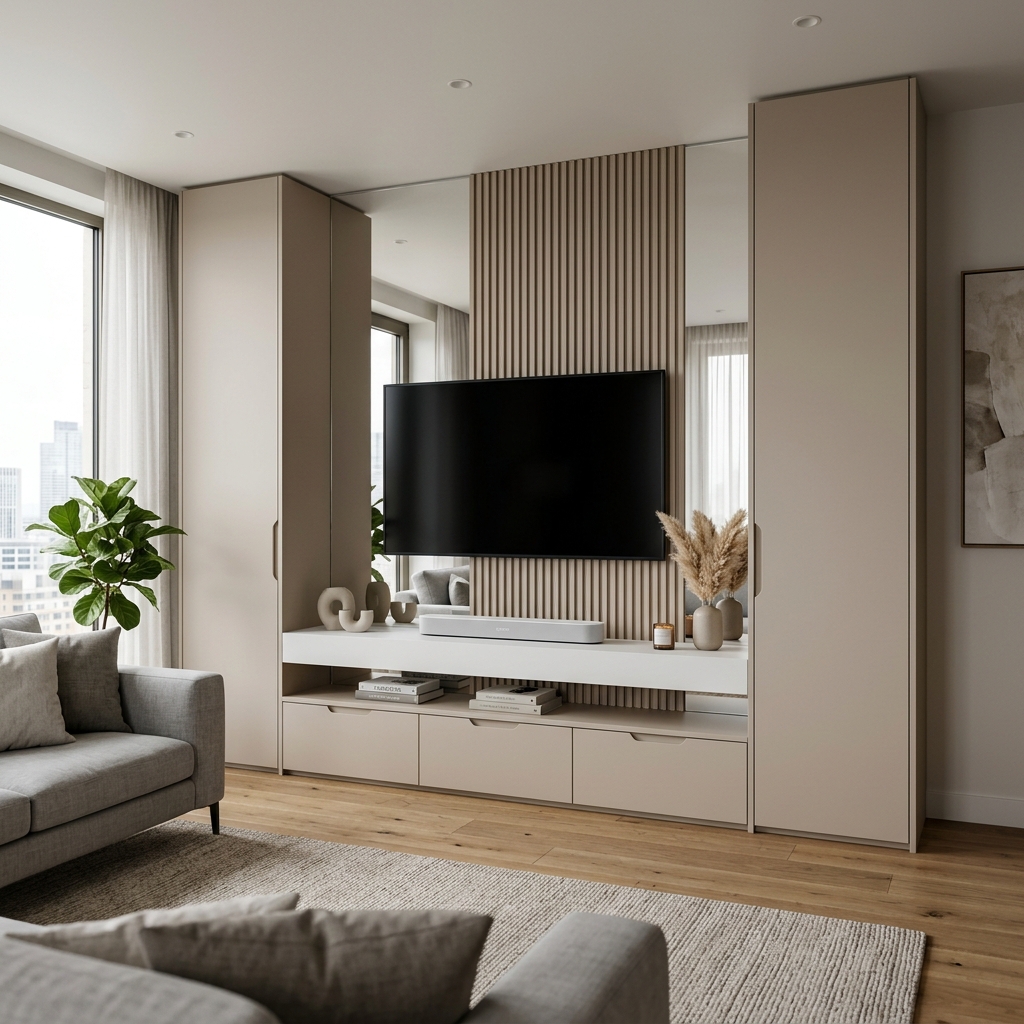 Современная стенка в гостиную с зеркалами Альгеро