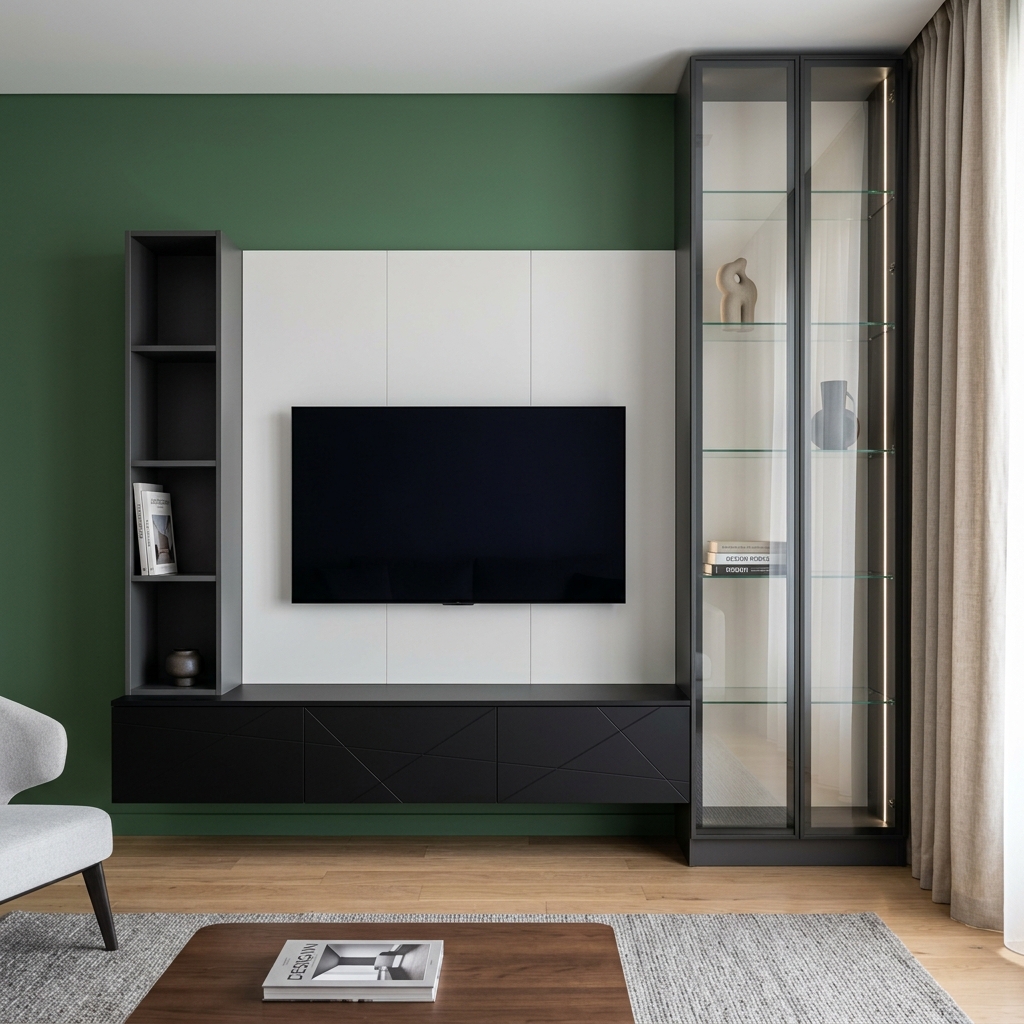 Современная стенка с витриной и ТВ-зоной для гостиной