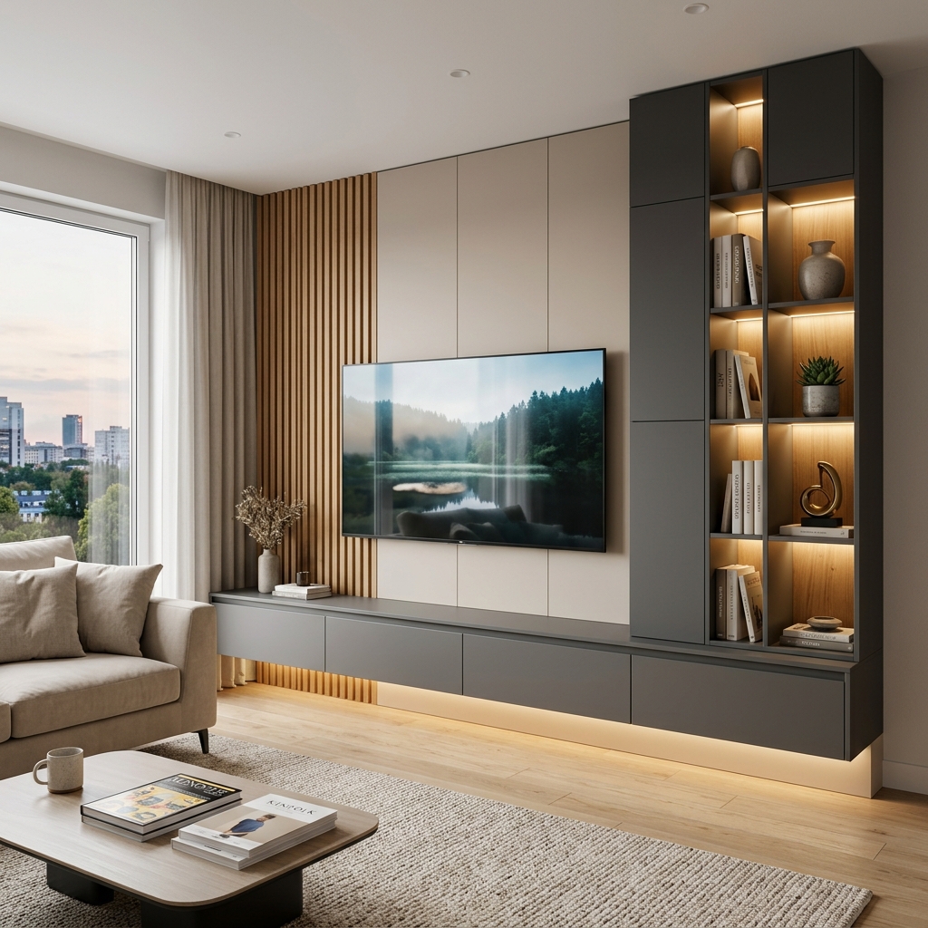 Современная стенка для гостиной с нишей и подсветкой