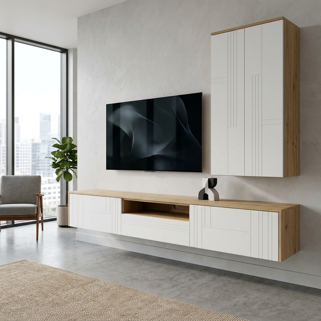 Современная стенка для гостиной с геометрическим фасадом