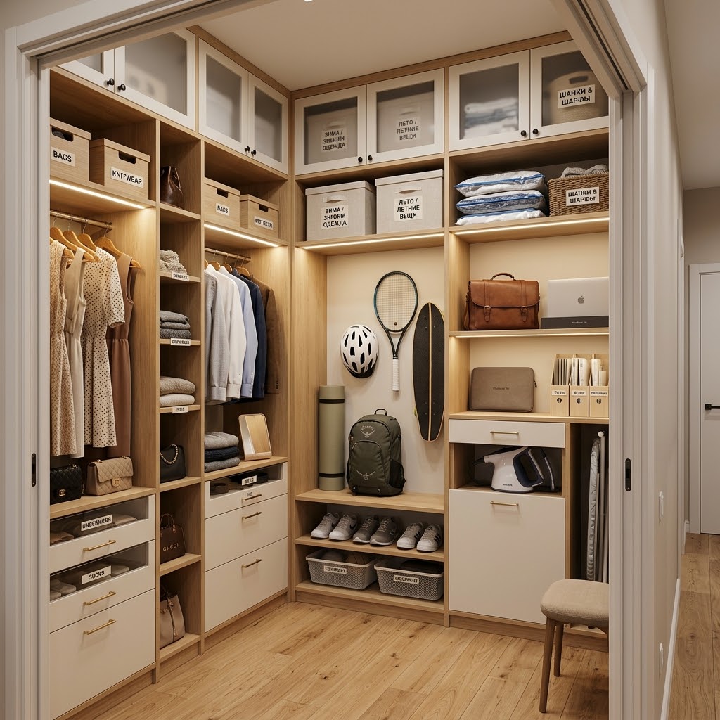 Гардеробная на 3–6 м²: как спроектировать хранение «по сценарию жизни» (семья, спорт, офис, сезонность)