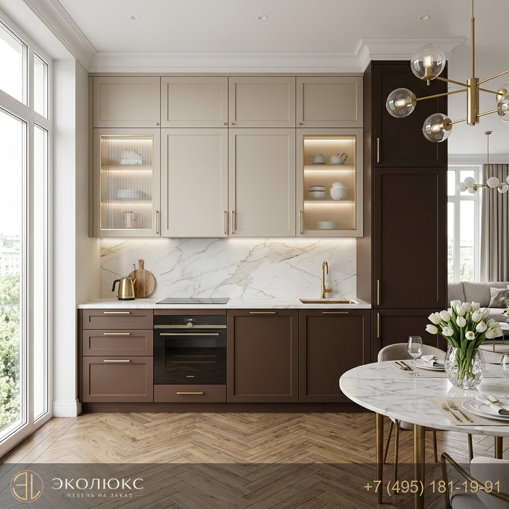 Прямая кухня в неоклассическом стиле с матовыми фасадами